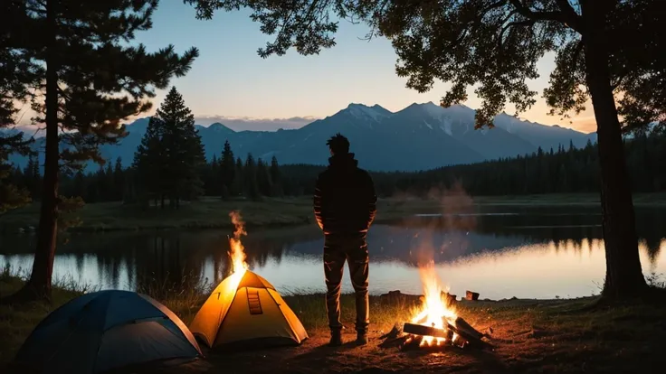 Cool male silhouette back view camping　Bonfire Anime