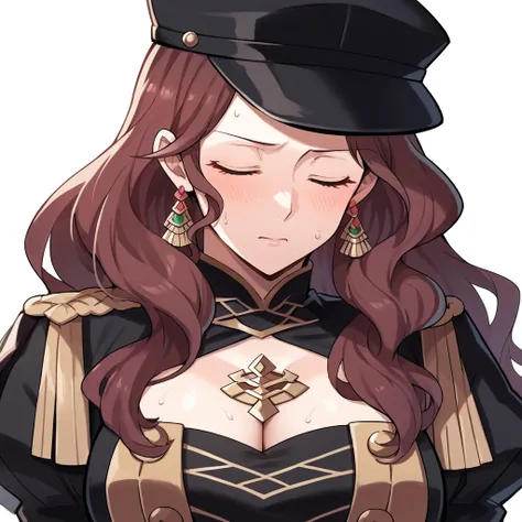 score_9, score_8_up, score_7_up, source_anime, Dorothea (Fire Emblem), bust shot, close-up, black headwear, (black long-sleeve uniform), brown hair, dangle earrings, gold trim, closed eyes, jewelry, large breasts, long hair, black peaked cap, black hat, lo...