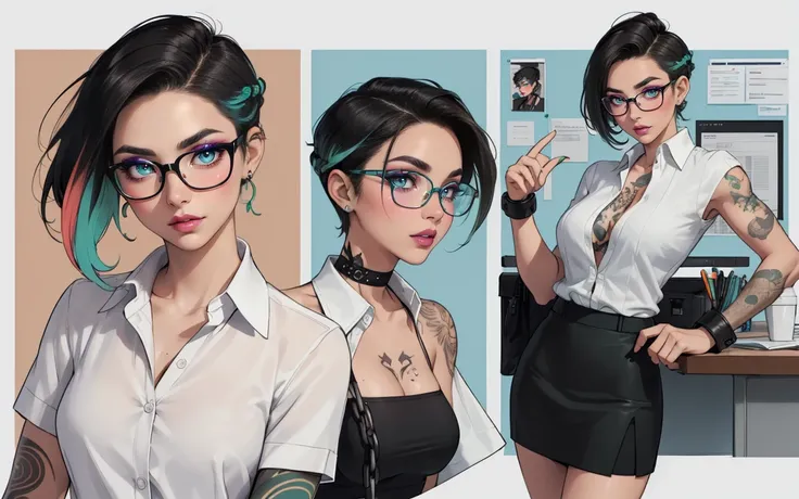 The conceptual character sheet of a fort., attractive, and sexy office worker dressed in a business suit. Your face is oval, the forehead is soft and visibly rounded at the temples. the jaw line is softly defined, giving it a gentle and feminine appearance...