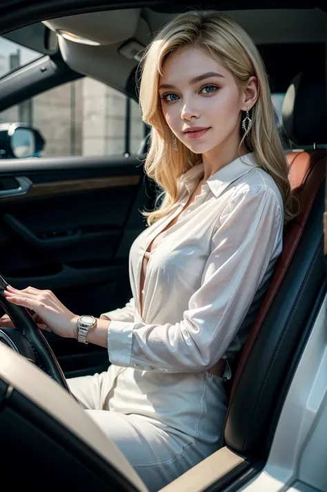 A blonde woman, similar to Elainne Goldives, is driving a black Porsche on an open road. Her expression is one of pure happiness and freedom. His face is lit up by a radiant smile, with eyes shining with joy. The wind is blowing through your blonde hair, m...