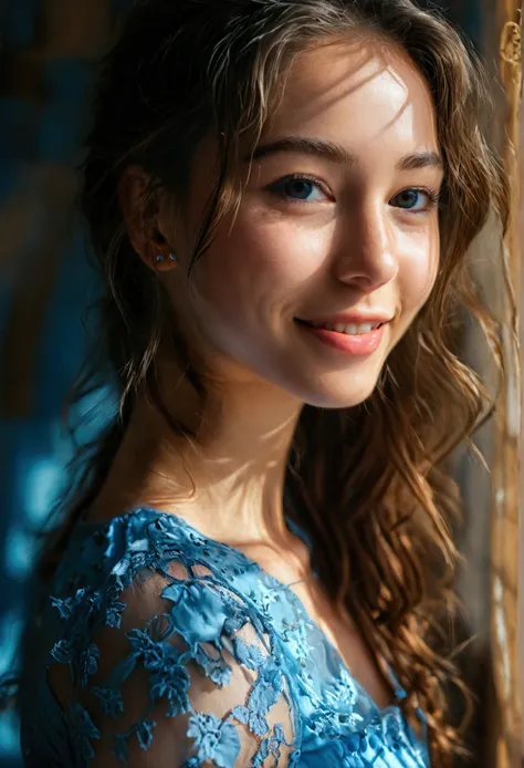 RAW photo, face portrait photo of beautiful 26 y.o woman, cute face, wearing blue dress smile face, hard shadows, cinematic shot, dramatic lighting