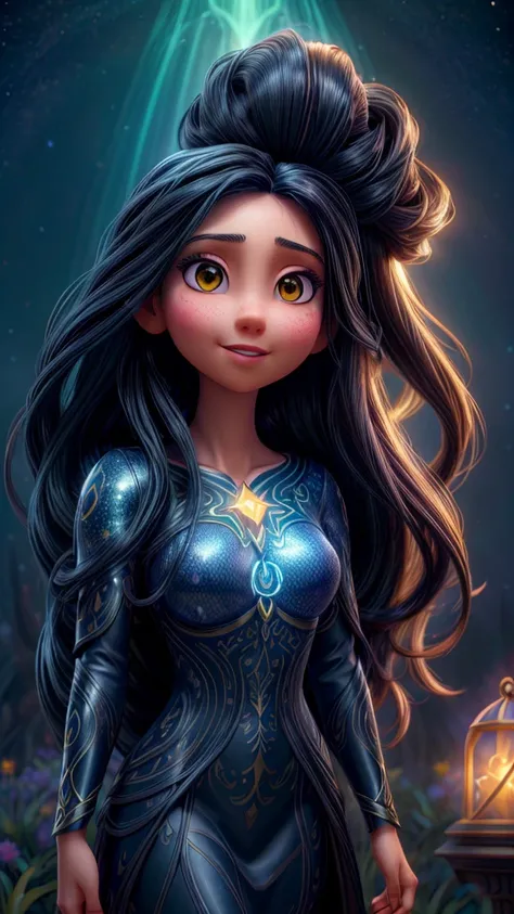 a beautiful woman with long black hair, detailed facial features, serene expression, reflecting in a mystical, spiritual dimension, disney-style fantasy realm, pulsating glow of light beings in a starry night sky, blue and golden ethereal lighting, magical...