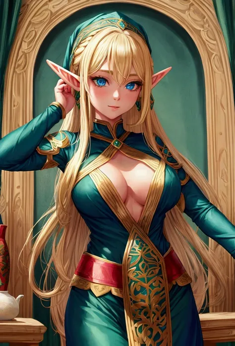 Elf woman with blonde hair, blue eyes, medium breasts, wearing traditional green clothing   