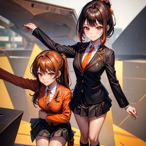 blazer with goldlines, Hairstyle with high ponytai, schooluniform, darkbrownloafers, beautiful woman, fullbody, brown plide miniskirt, almondeye, smile, blacksocks, brown jacket, orange ribbontie, orange eye, blackhaircolor