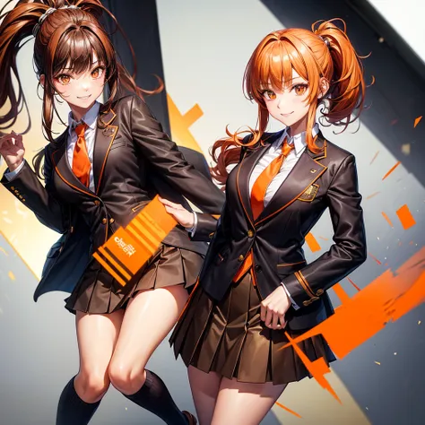 blazer with goldlines, Hairstyle with high ponytai, schooluniform, darkbrownloafers, beautiful woman, fullbody, brown plide miniskirt, almondeye, smile, blacksocks, brown jacket, orange ribbontie, orange eye, blackhaircolor