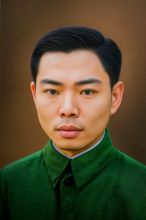 RAW photo of a 30 year old man, wearing a green Vietnamese army shirt, Asian, short black hair, real face, real skin, (photorealistic:1.4), (high detail soft skin:1.2 ), 8k uhd, dslr, soft light, high quality, grain film, Fujifilm XT