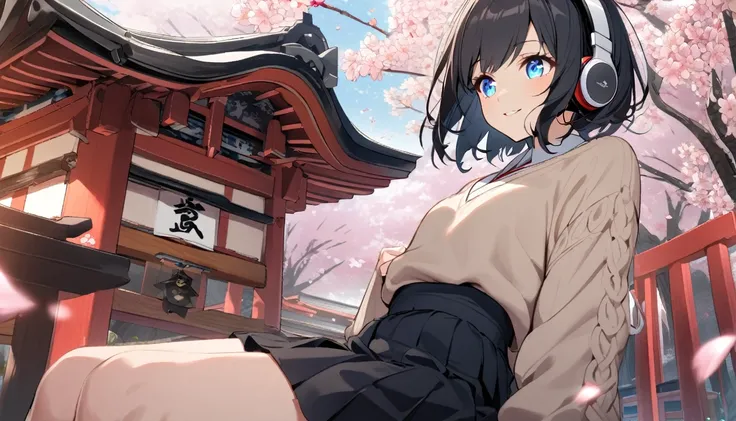 1girl, solo, gentle smile on her face flat chest, short hair, black hair, blue eyes, (detailed eyes), wearing a sweater, black skirt, medium hair, headphone, because, teen, Japanese high school girl. She is sitting at the shrine,cherry blossoms,Cherry blos...