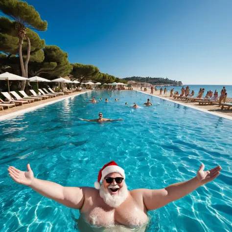 Captures an image from different angles of a very large pool in which there are some blank rectangular signs floating on the water, all the same and of the same size, and in the center of the pool there is a fat, smiling Santa Claus floating in the water b...