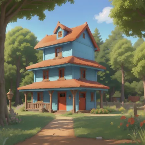 there is a small red house with a blue roof and a fence, 3D stylized scene, Game Graphics, a pequena house in the florest, renderizado em unidade 3 d, animation still, animation style rendering, house in the florest, cartoon rendering, video game still, re...