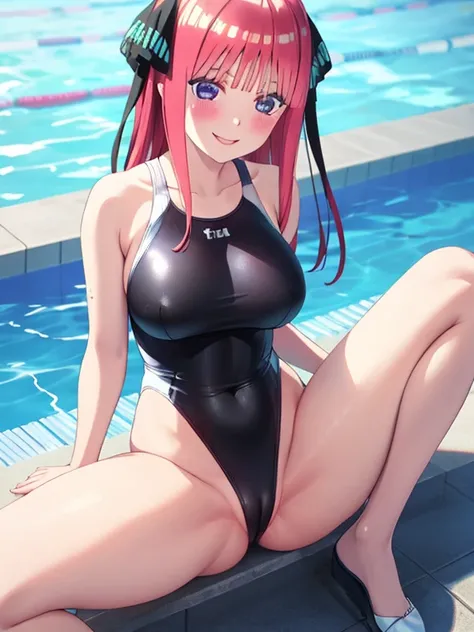 best quality, insanely detailed, nino nakano, black swimsuit, breasts, blush, swimming pool background, smile, spread legs, pussy,highleg leotard