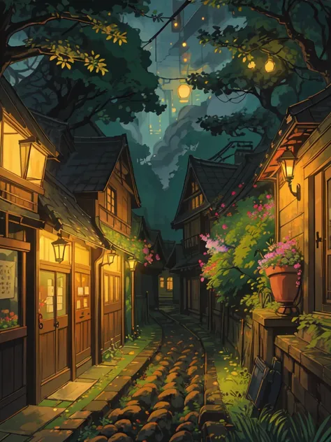 super wide perspective, string lights, hanging pots, ghibli anime scene, coffee shop in the woods, moody weather, leaves falling from tree, light bubble around street light, under a big banyan tree, street light, poles and wires, tropical leafy plant pots,...