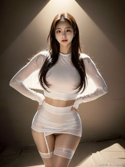 a beautiful young korean woman, white sexy shirt, short spandex skirt, black stockings, full body pose, detailed face, detailed eyes, detailed lips, detailed hands, intricate details, photorealistic, cinematic lighting, dramatic shadows, warm color tones, ...