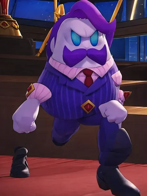 haltmann, purple hair, purple mustache, arms, wearing a dark blue suit with pink vertical lining, pink shirt, red tie, black sho...