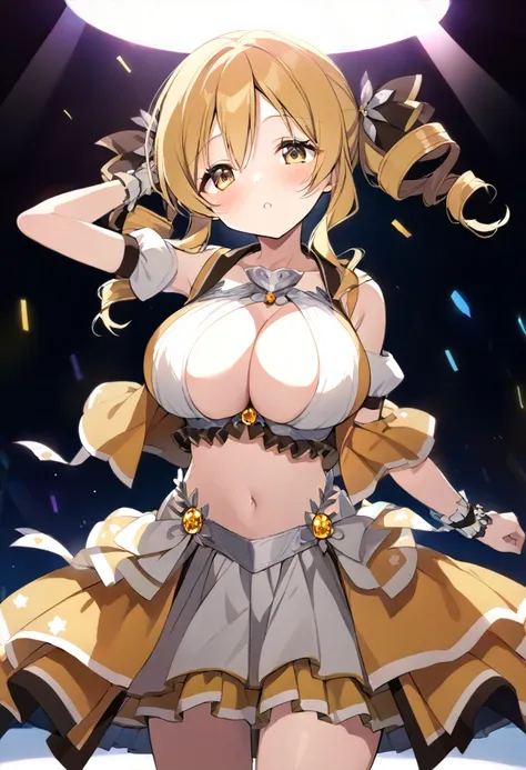 mami tomoe, blonde hair, twin drill hair, yellow eyes, , 1girl ,live stage, big breasts,　school uniform solo face up