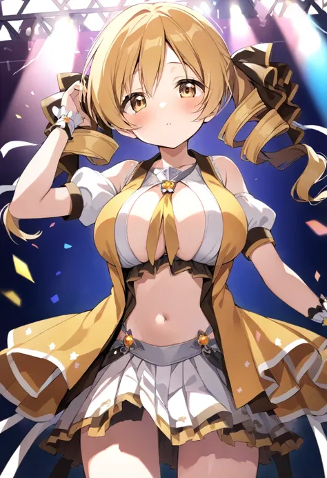 mami tomoe, blonde hair, twin drill hair, yellow eyes, , 1girl ,live stage, big breasts,　school uniform solo face up