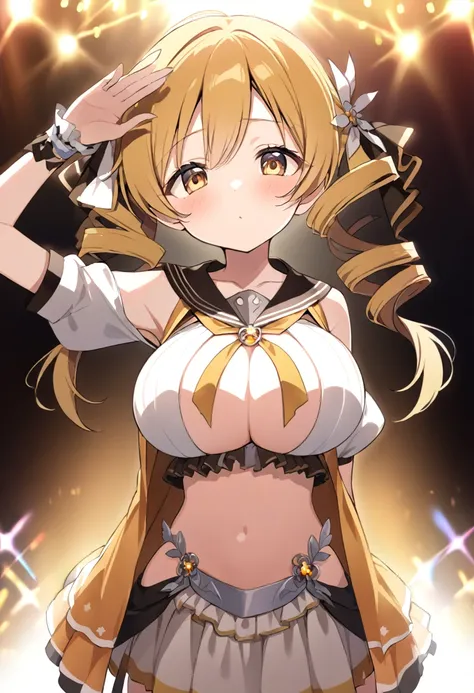 mami tomoe, blonde hair, twin drill hair, yellow eyes, , 1girl ,live stage, big breasts,　school uniform solo face up