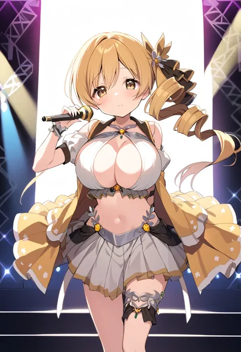 mami tomoe, blonde hair, twin drill hair, yellow eyes, , 1girl ,live stage, big breasts,　school uniform solo face up