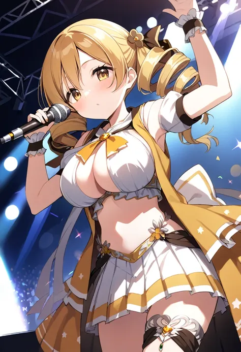 mami tomoe, blonde hair, twin drill hair, yellow eyes, , 1girl ,live stage, big breasts,　school uniform solo face up