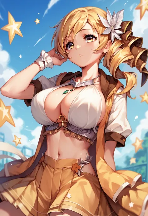 mami tomoe, blonde hair, twin drill hair, yellow eyes, , 1girl ,live stage, big breasts,　school uniform solo face up