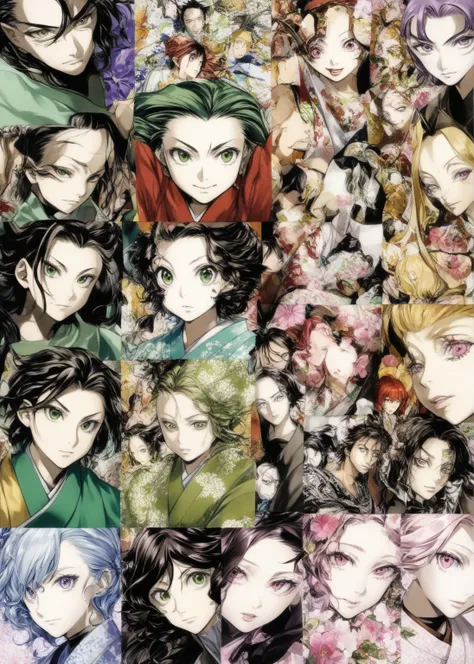 Close-up of a person wearing a kimono and floral print., Haruno Sakura, Famous Makinami, Shirabii, แฟนอาร์ต Demon Slayer Rui, Sakura Haruno in Sage Mode, Wear pink and green robes., Misato Katsuragi, Megumu Okada, anime pictures shuushuu, Kimetsu no Yaiba