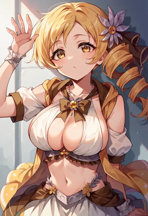 mami tomoe, blonde hair, Twin drill hair, yellow eyes, , 1girl ,live stage, Big Breasts,　school uniform solo face up