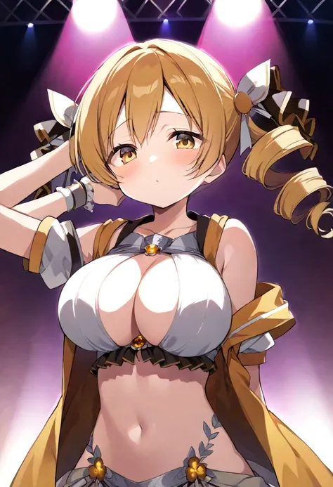 mami tomoe, blonde hair, twin drill hair, yellow eyes, , 1girl ,live stage, big breasts,　school uniform solo face up