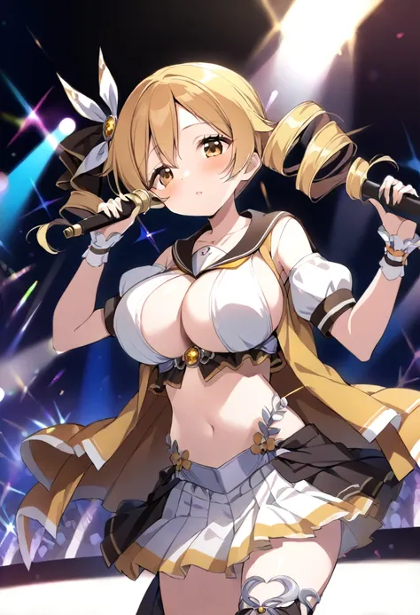 mami tomoe, blonde hair, Twin drill hair, yellow eyes, , 1girl ,live stage, Big Breasts,　school uniform solo face up