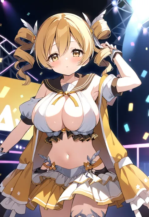 mami tomoe, blonde hair, twin drill hair, yellow eyes, , 1girl ,live stage, big breasts,　school uniform solo face up