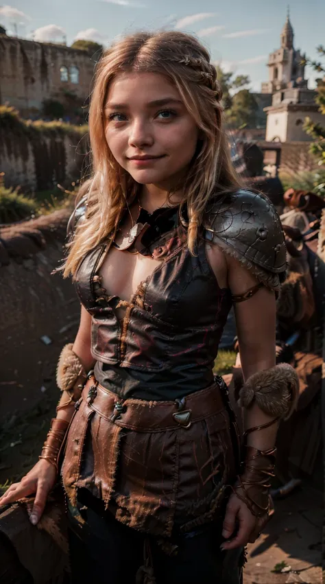 Masterpiece, Best quality,, (photorealistic1.4), (UHD), (epiCRealLife), (flashphoto), (blue eyes), (astrid_hofferson headband), (photorealistic1.4), (cleavage), (medium breasts), (red tank top) (Chloe Grace Moretz), (chl03gm), (Astrid Hofferson armor Costu...