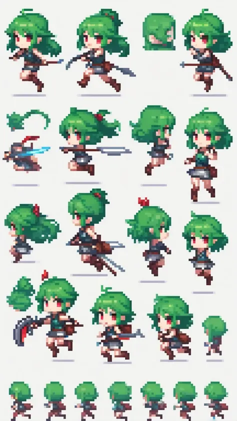 create a sprite sheet of character animation with movement frames, running, jumping, gun attack, spear attack, bow attack. but、i...