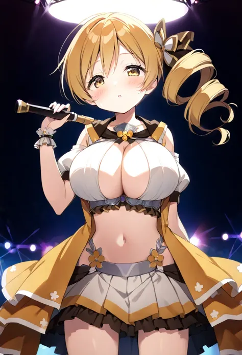 mami tomoe, blonde hair, twin drill hair, yellow eyes, , 1girl ,live stage, big breasts,　school uniform solo face up