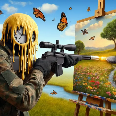 painting of a man with a brush and a rifle in front of a painting of a butterfly, realism in style of fornite game, painting com...