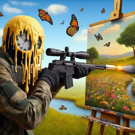 painting of a man with a brush and a rifle in front of a painting of a butterfly, realism in style of fornite game, painting com...