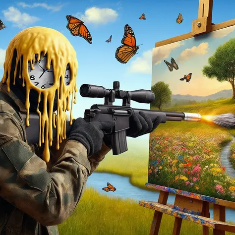 painting of a man with a brush and a rifle in front of a painting of a butterfly, realism in style of fornite game, painting com...