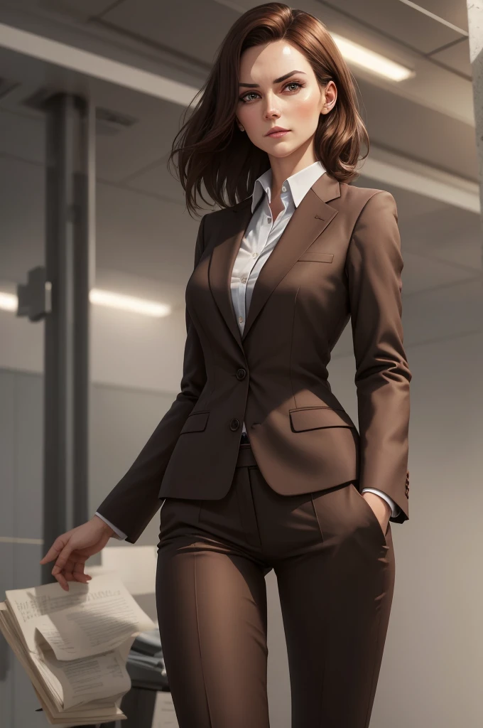 a beautiful woman, 1 girl, medium length brown hair, business suit, detailed facial features, elegant, serious expression, dynamic pose, professional setting, warm lighting, photorealistic, highly detailed, 8k, best quality, masterpiece