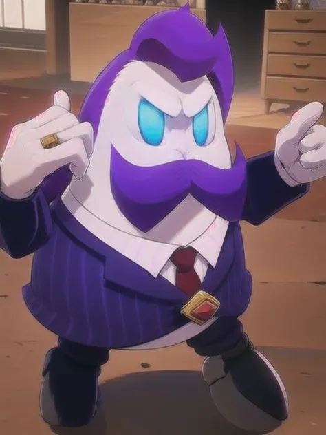 haltmann, purple hair, purple mustache, arms, wearing a dark blue suit with pink vertical lining, pink shirt, red tie, black sho...