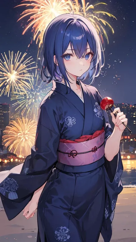 Navy blue hair, navy blue eyes, mash, night, yukata, fireworks, boy