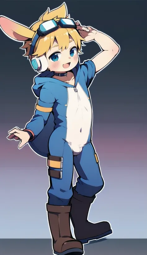 2D Boy Shota，One-piece mountaineering suit，Slim, healthy body，Put the headphones on your head，stand up，goggles，Rabbit ears，happy，Sailor collar，tie，Zipper pulled down，boots，hood