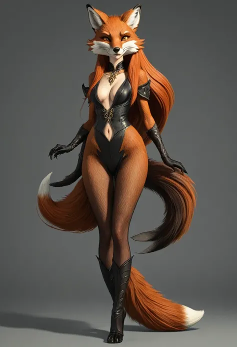 Create a full-body illustration of an anthropomorphic fox woman with elegant long hair and five distinct, bushy tails. The character should exude a sinister and mischievous aura, with a snickering, sinister expression that highlights her cunning and deviou...