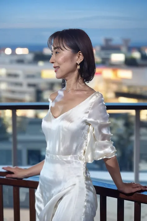 ((Highest quality, 8k, Ultra-high resolution)), ((masterpiece: 1.3)), (Perfect appearance), (Photorealism: 1.6), (1人のJapanese Mature), (60 years old, Japanese Mature), (A Japanese woman standing on a balcony looking at the night view: 1.6), (Woman profile:...