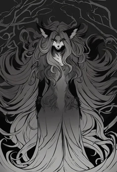 Create a full-body illustration of an anthropomorphic fox woman with elegant long hair and five distinct, bushy tails. The character should exude a sinister and mischievous aura, with a snickering, sinister expression that highlights her cunning and deviou...