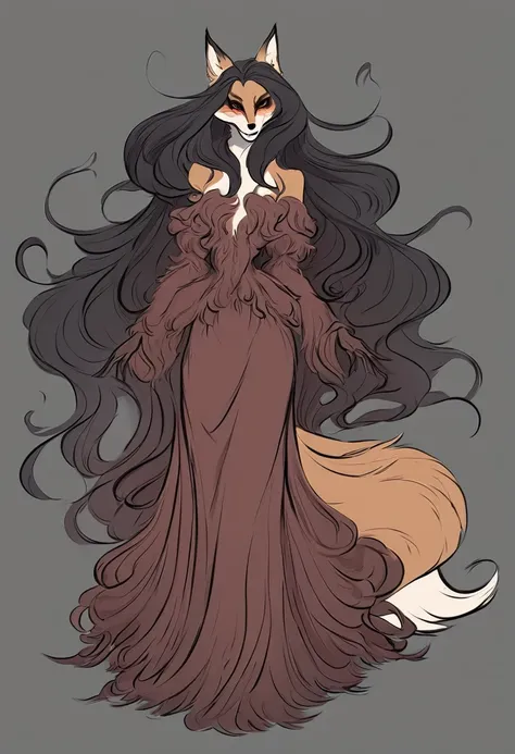 Create a full-body illustration of an anthropomorphic fox woman with elegant long hair and five distinct, bushy tails. The character should exude a sinister and mischievous aura, with a snickering, sinister expression that highlights her cunning and deviou...