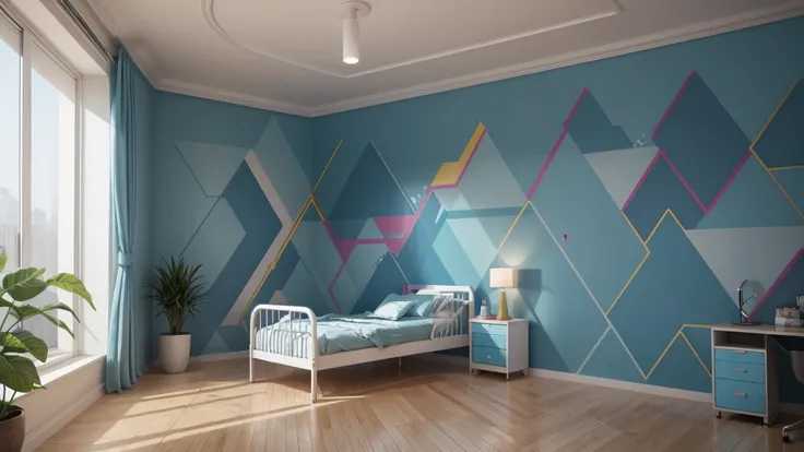 
make a long hospital wall with colorful geometric designs in shades of blue ((no reliefs))