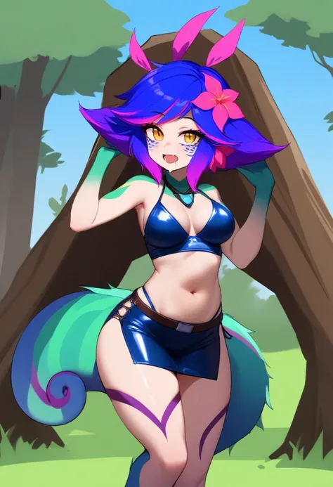 work of art, best qualityer, 1 girl, (realisitic:0.2) Neeko, colored fur, multicolored hair, hair ornament, hair flower, necklase, tummy, lizard tail, facial mark, trunk, woods, looking ahead at viewer, blue sky, incredibly tight outfit, very small clothes...