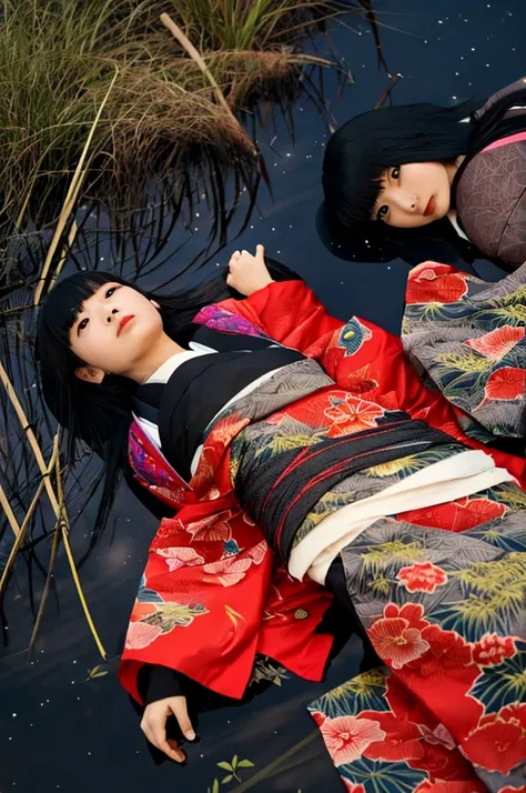 Low - Angle、Highest quality,Very sophisticated Japanese(((Swamp)))The monster in the red kimono、Spread your legs and show your vagina、(((((Dark night fog))))