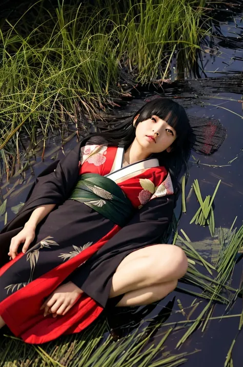 Low - Angle、Highest quality,Very sophisticated Japanese(((Swamp)))The monster in the red kimono、Spread your legs and show your vagina、(((((Dark night fog))))