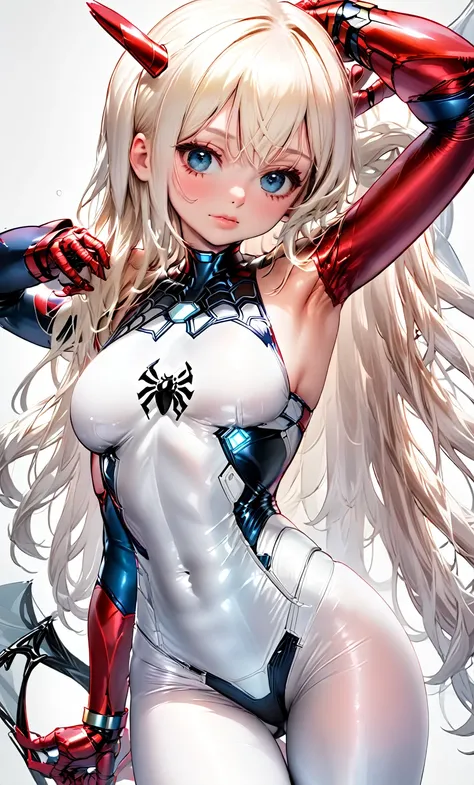 a beautiful detailed white iron man cosplay girl, 1 girl, extremely detailed face and eyes, long hair, big breasts, white skin, black spider man symbol in costume, 8k, best quality, high resolution, artwork prime, realistic, photo-realistic, studio lightin...