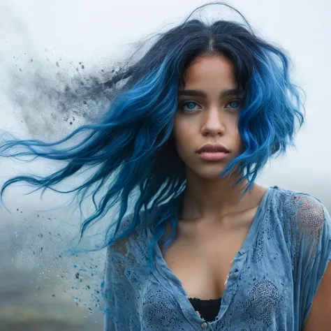 1 fille, beautiful biracial woman, blue hair, blue eyes, in the fog, Torn clothes