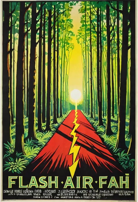 poster for the open air "Flash" taking place in the forest, on the poster forest, corridor to the dance floor, illuminated path, date 27.07