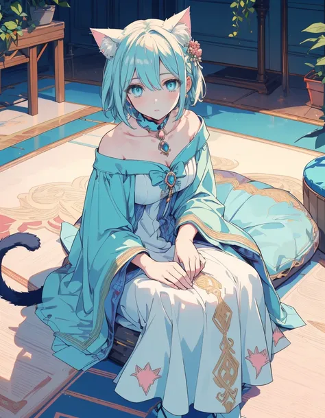 magician, magicians robe, full body, ((masterpiece, best quality:1.5)), ((Beautiful detailed cat aqua eyes:1.2)), cat ears, pale skin, medium breasts, beautiful hands, beautiful fingers, EasyNegative